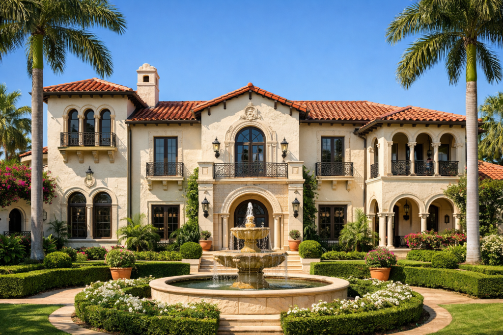 Historic Mediterranean Revival estate in Palm Beach undergoing luxury renovation with preserved architectural details