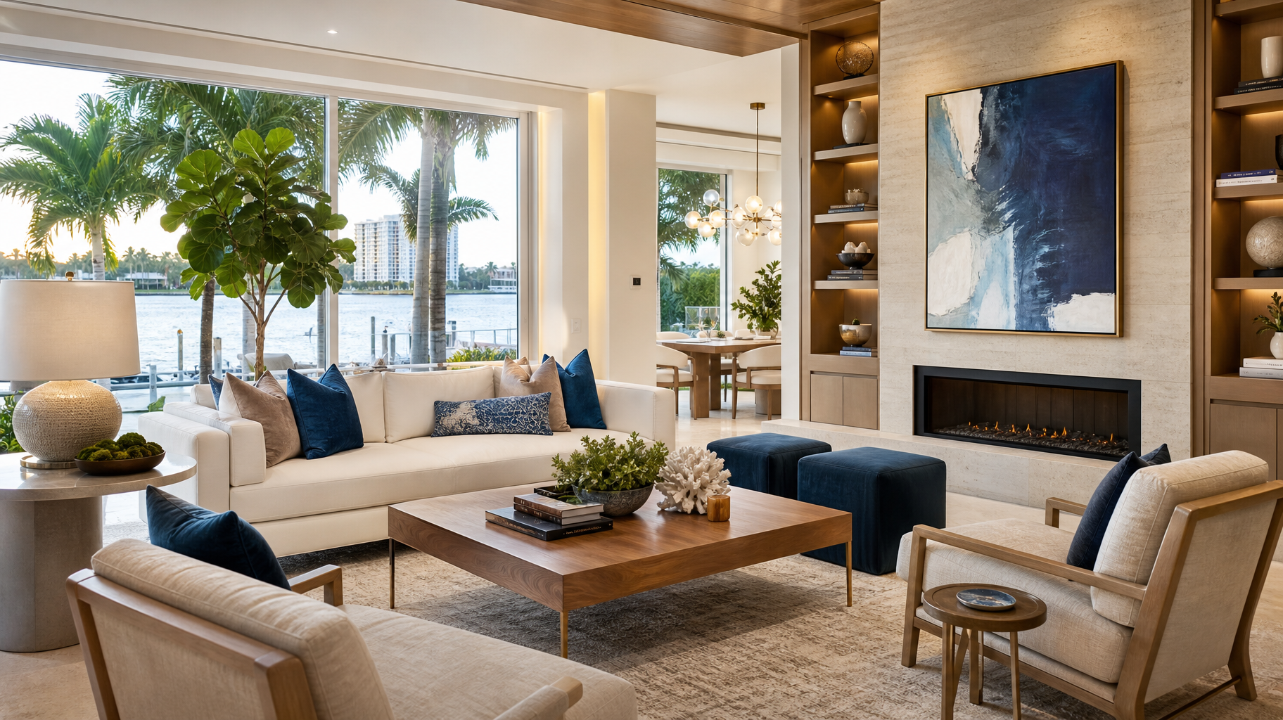 A cohesive luxury living room showing the benefits of hiring an interior designer