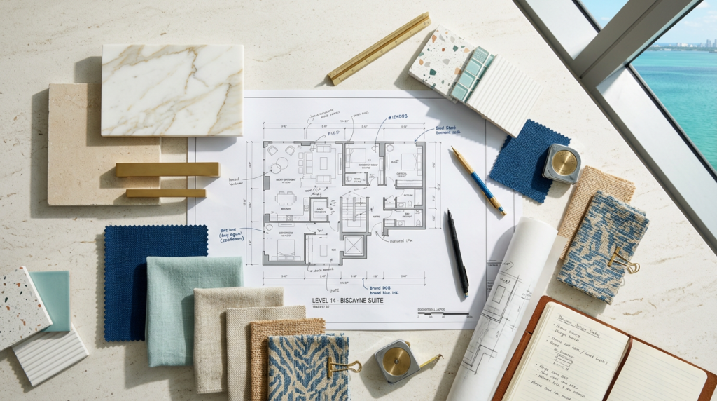 A Miami interior designer's samples and floor plan laid out, showing what drives design cost