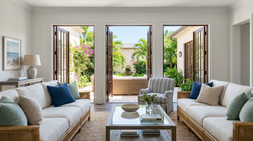 A serene, ready-to-enjoy Palm Beach seasonal home living room open to a sunlit courtyard