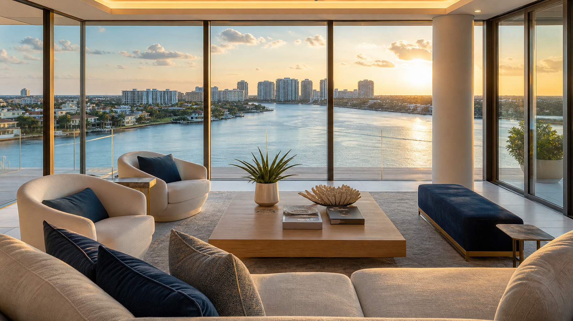 A West Palm Beach condo living room with floor-to-ceiling glass framing the Intracoastal