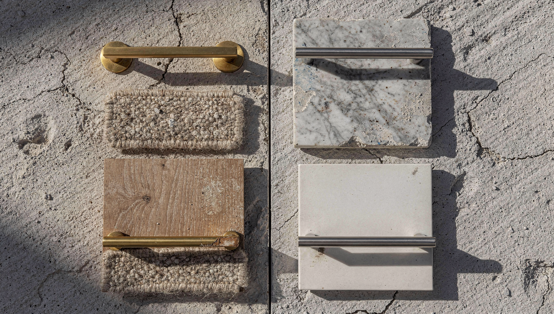 Coastal interior design materials shown as a split image with pristine samples beside the same samples aged by salt, sun and humidity