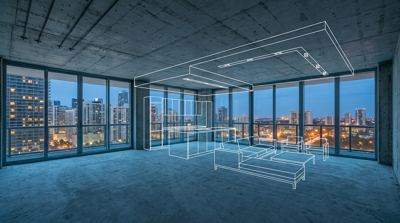 Condo renovation approval concept showing a gutted South Florida high-rise unit with the proposed design overlaid in line drawing