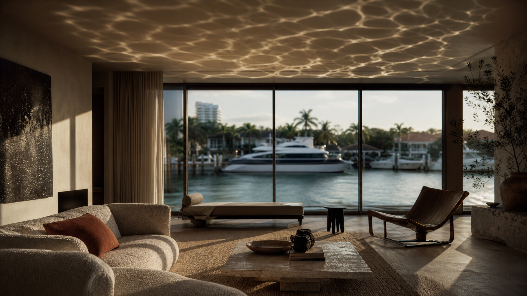 Fort Lauderdale interior design in a waterfront living room with afternoon light reflecting off the canal onto the ceiling